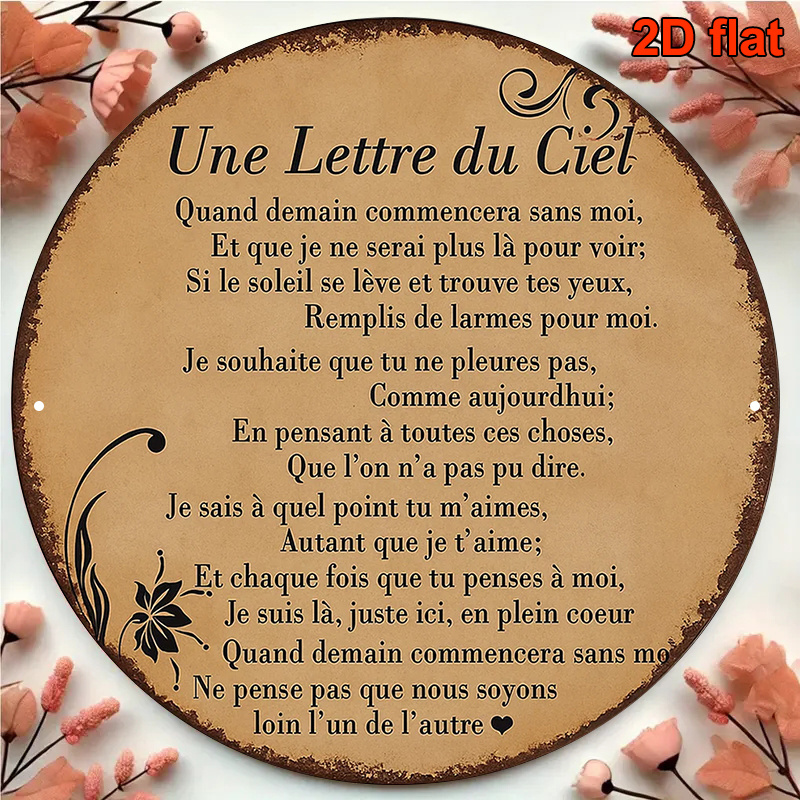 TEMU Plat 2D, Plan Plat 2D, 1 pièce Art Mural en Métal Lettre Style Français Vintage - Panneau Rond 20,32x20,32cm avec Traductions Française et