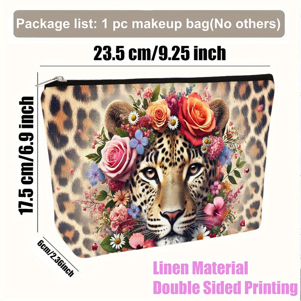 TEMU Un beauty case con un bellissimo di leopardo circondato da fiori, e pieghevole, per i cosmetici da viaggio, con chiusura a zip, un regalo per