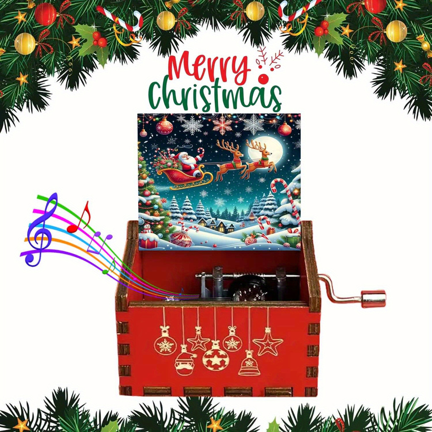 Image of 1pc Vintage Wooden Hand-cranked Music Box, Magical Santa Sleigh Pattern, Christmas Gift For , Ideal For Birthdays, Christmas Gifts, New Year's Gift, Home Decor Item