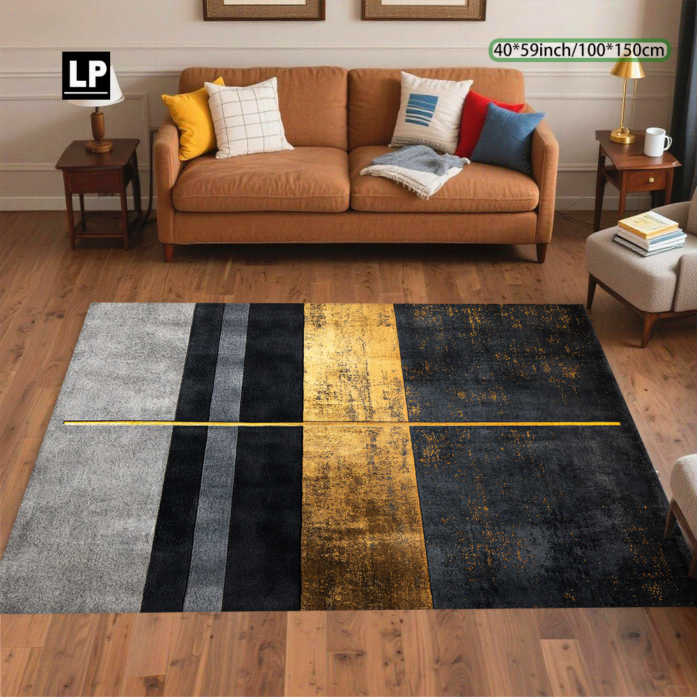 TEMU 850g/ã¡ Velvet Carpet, Modern Minimalist Black Golden Gray Stripe Rug, Machine Washable Non-slip Thickened Durable Ultra Soft For Living