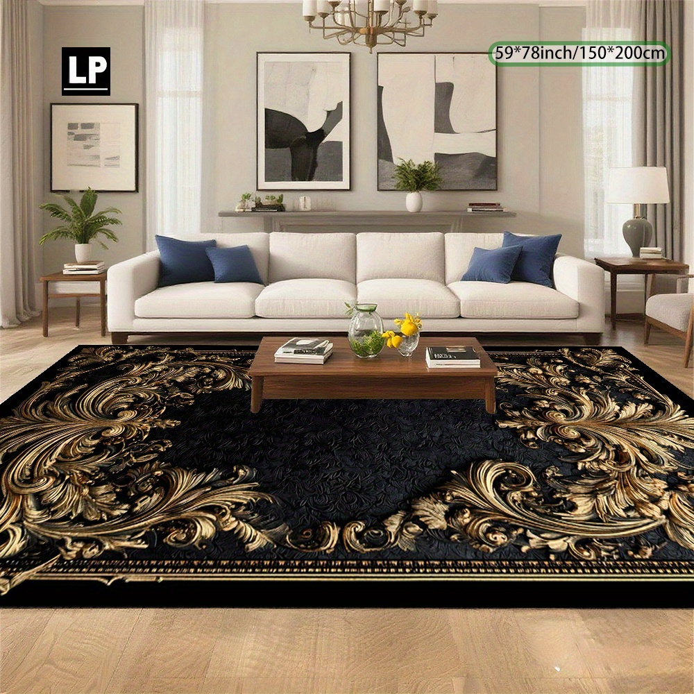 TEMU 850g/ã¡ Velvet Carpet With Classic European Golden Floral Patterns, Machine Washable And Non-slip, Thick And Durable, , Suitable For Living Room