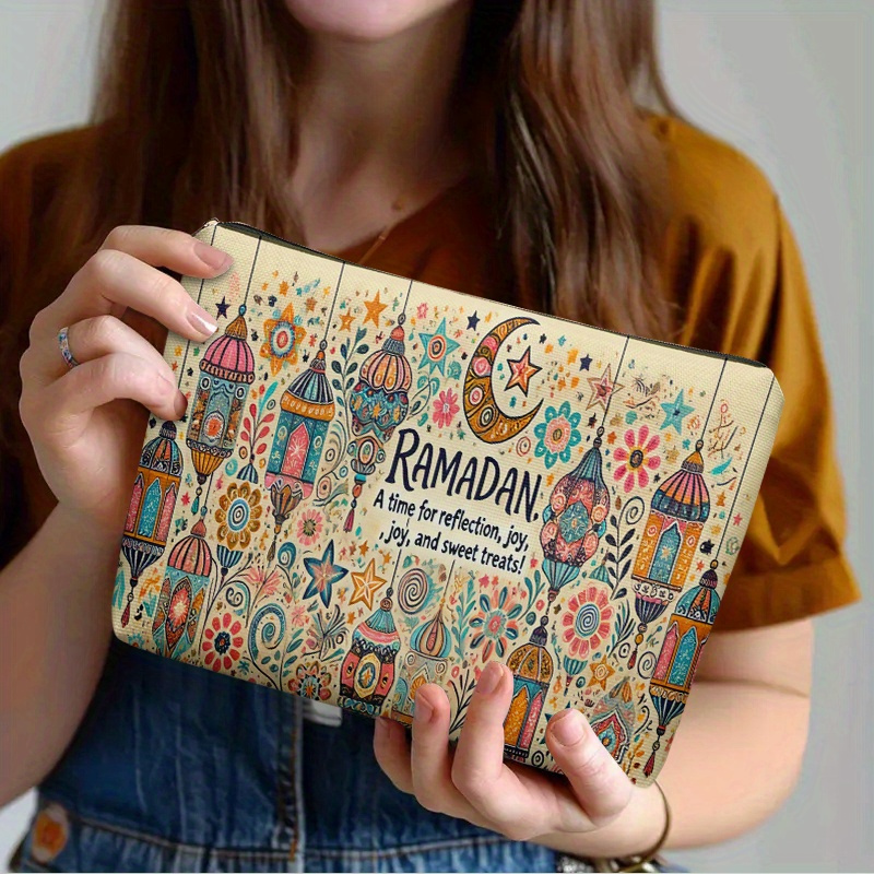 TEMU 1 Makeup Bag, Ramadan Decorative Painting, Double-sided Print | Travel Toiletry Bag | Zipper Closure | Durable Fabric, Soft And Vibrant Colors,