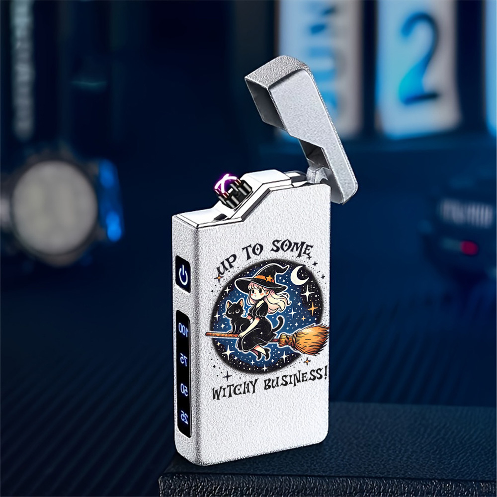 TEMU 1pc Windproof With Cute Witch Riding A Broom And Black Cat Pattern, Windproof Lighter, Windproof , Type-c Rechargeable Lighter, Metal Shell,