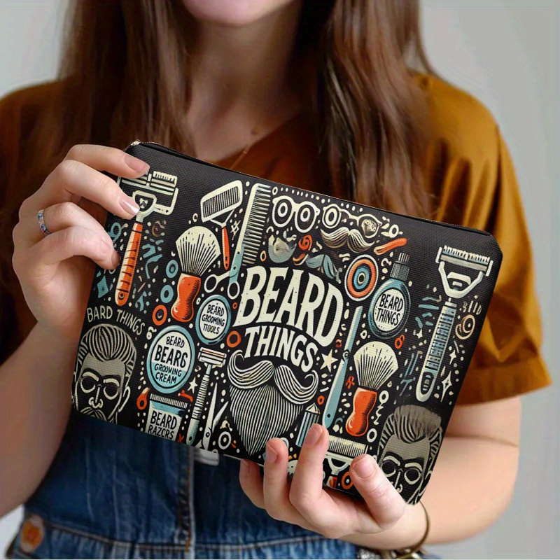 TEMU Cosmetic Bag 1pc, Beard Grooming Tools, Double-sided Printing | Travel Toiletry Bag | Zipper Closure | Durable Fabric, Soft And Bright Colors,