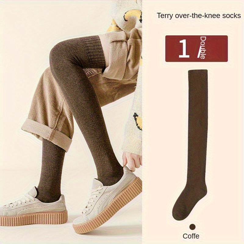 Image of 1 Pair Over-the-knee Socks Women's High- Autumn Winter Eur 33-39 Us 4-8 Fleece Thick Warm Thigh-length Socks Preppy Terry Long Socks Knee-high