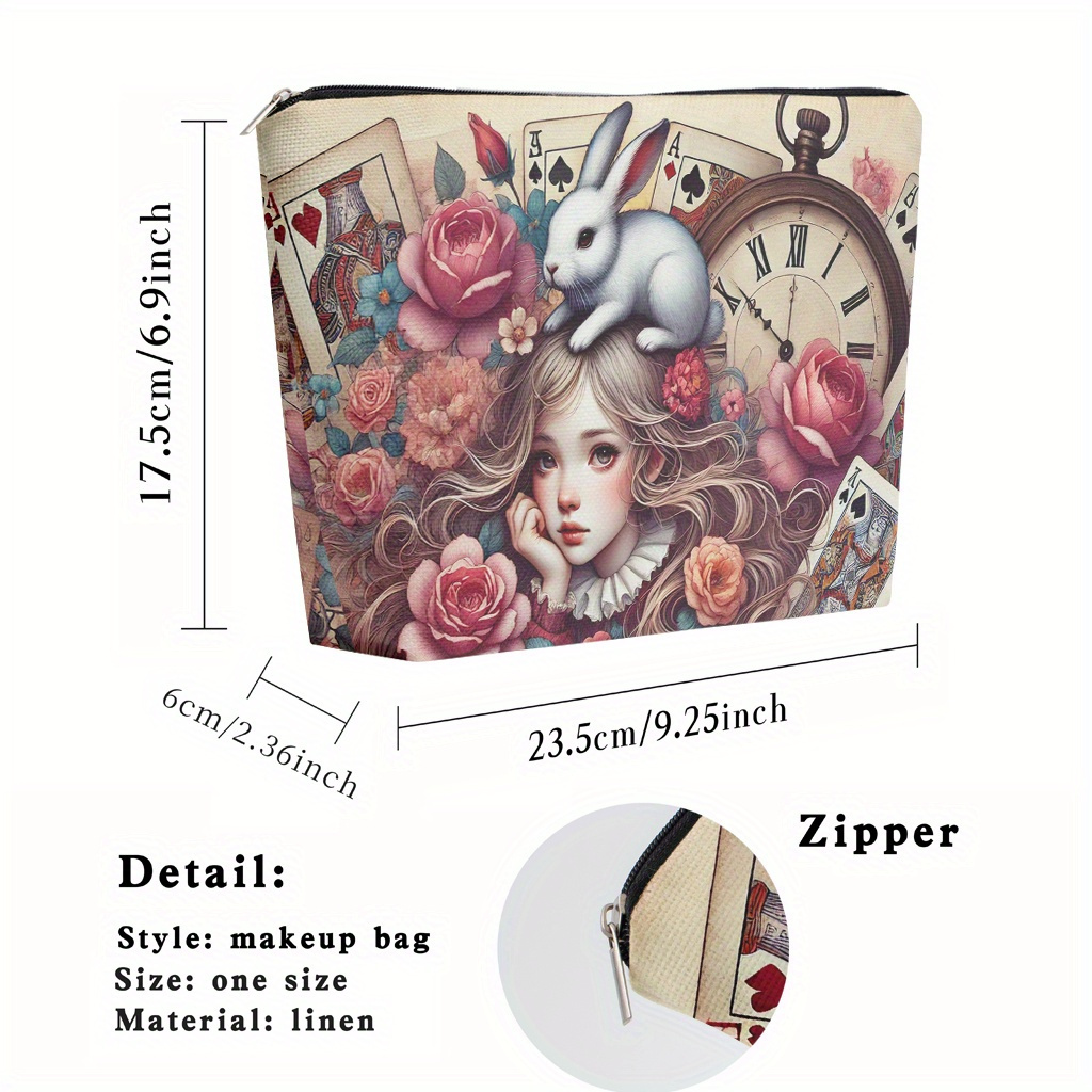 E-shop Hasen und Rosen Karten Leinen Make-up Tasche für Frauen | Leichte Reise Kosmetiktasche mit Reißverschluss, Stilvolles Design Kulturbeutel