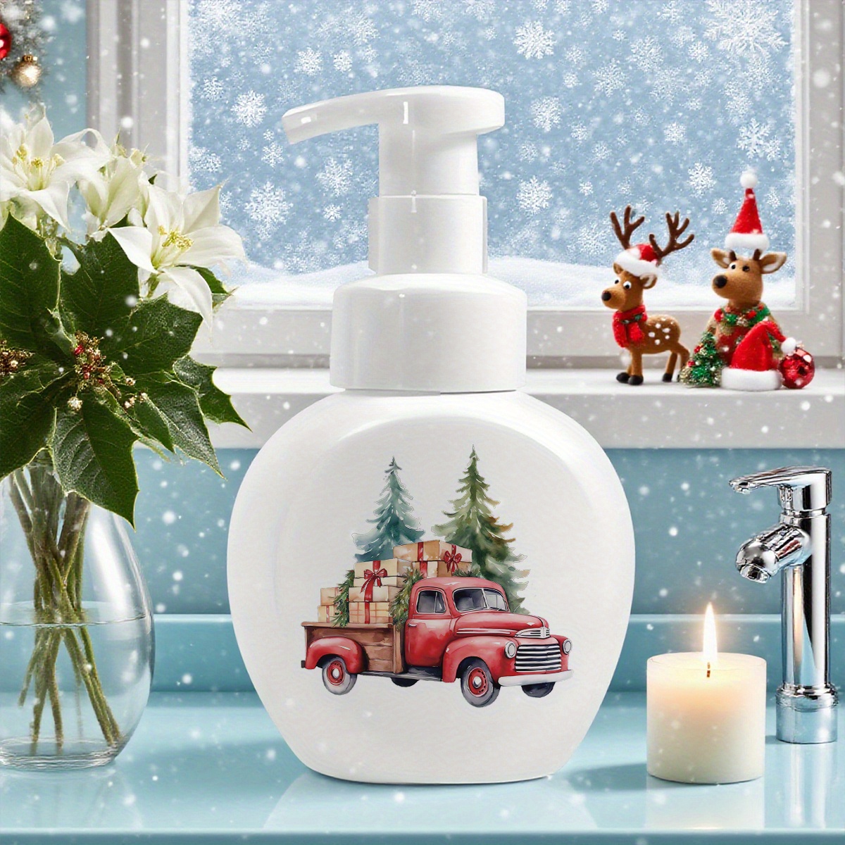 TEMU 1 pièce 300 ml (10 oz) distributeur de pompe cosmétique rechargeable en mousse avec motif sapin de Noël pour savon liquide, shampoing, gel