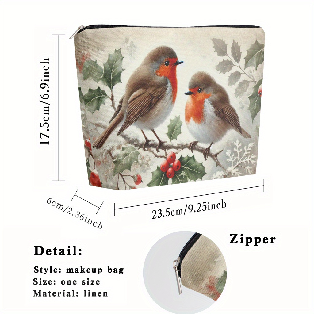 TEMU 1pc Vintage Winter Robin & Holly Makeup Bag - Elegant Beige & Brown Linen Cosmetic Organizer With Zipper Closure, Lightweight Travel Toiletry