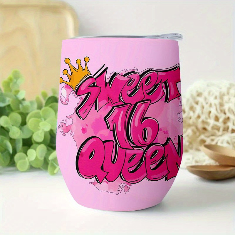 TEMU 1pc 12oz Coffee Stainless Steel Tumbler, Leak-proof, Gift Idea, Sweet 16 Queen Design