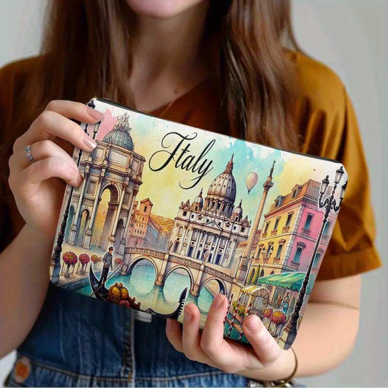 TEMU Italian Water City Scenery, Zipper Women's Makeup Bag, Vivid Printed Multi-functional Bag, Suitable For Travel And Daily Use, Toiletries Storage