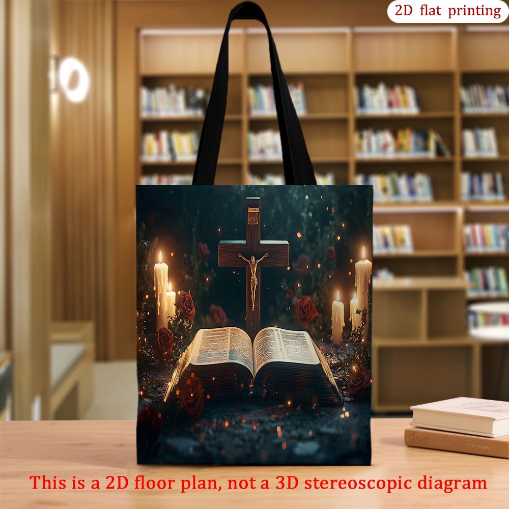 teenager s christian tote bag - elegant   verse cross design with   & candles, durable polyester church bag for everyday, travel,   study - minimalist religious gift for teenager, couples, church   - machine washable shoulder purse, church bag, travel carryall,  , sturdy handles, 2d flat,   outdoor, for teenager 0