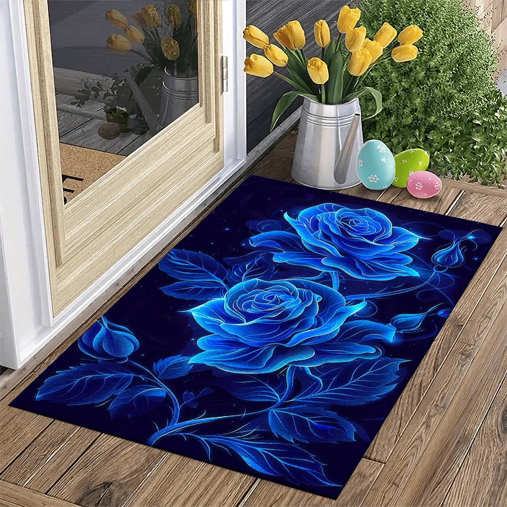 TEMU 1pc Blue Glowing Rose Flower Area Rug | Soft Velvet Texture, Non-slip And Absorbent, Suitable For Living Room, Bedroom, Office, Study Room, Game