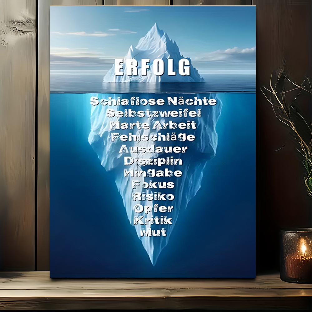 TEMU 2d Flat, 2d Flat, 11.8×17.7 Inch Success Iceberg Art Print | Wood Framed Canvas With Motivational German Words, Ideal For Office, Home, And Gym