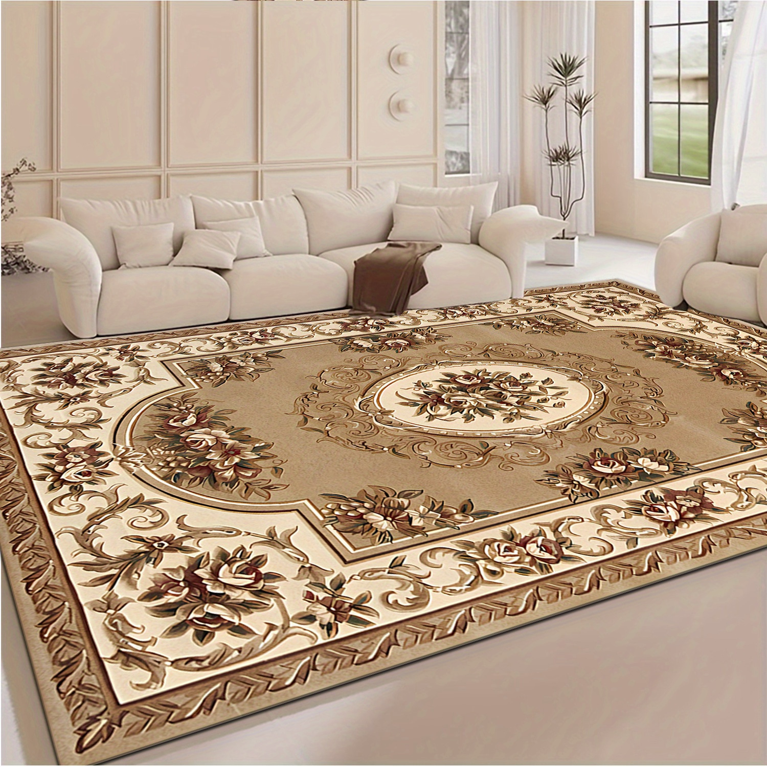 TEMU 1pc Of 850g/ã¡ Soft Velvet Large European-style Vintage Floral Pattern Carpet, Suitable For Living Room And Bedroom, Machine Washable,