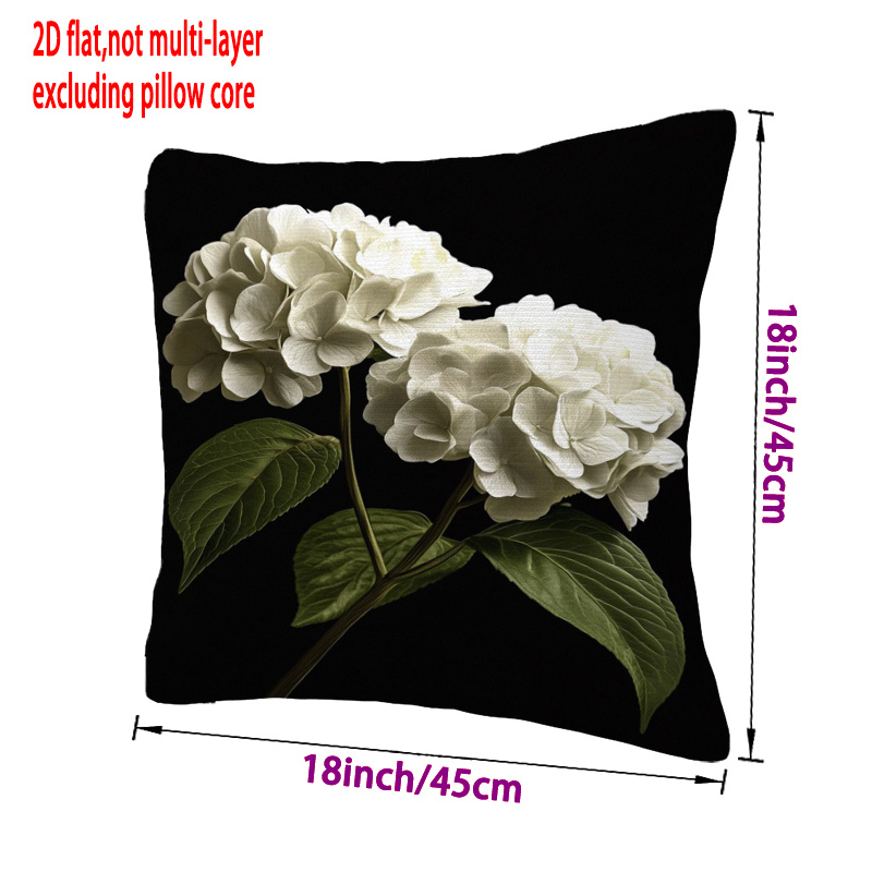 TEMU 1pc Double-sided Decorative Pillow Cover With White Hydrangea Floral Print On Black Background - Contemporary Cushion Case With Zipper Closure,
