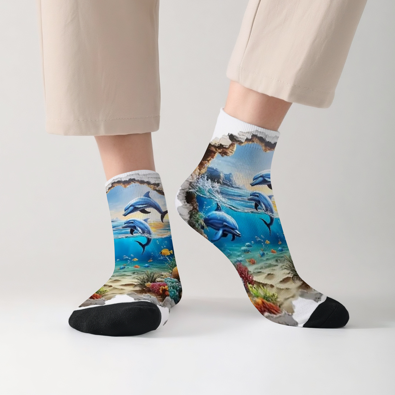 TEMU 1 Paire de Chaussettes Courtes Automne Hiver Nouveaux Imprimés, Murale de Chaussettes avec de Sautant et de Mer pour Hommes/Femmes, Chaussettes