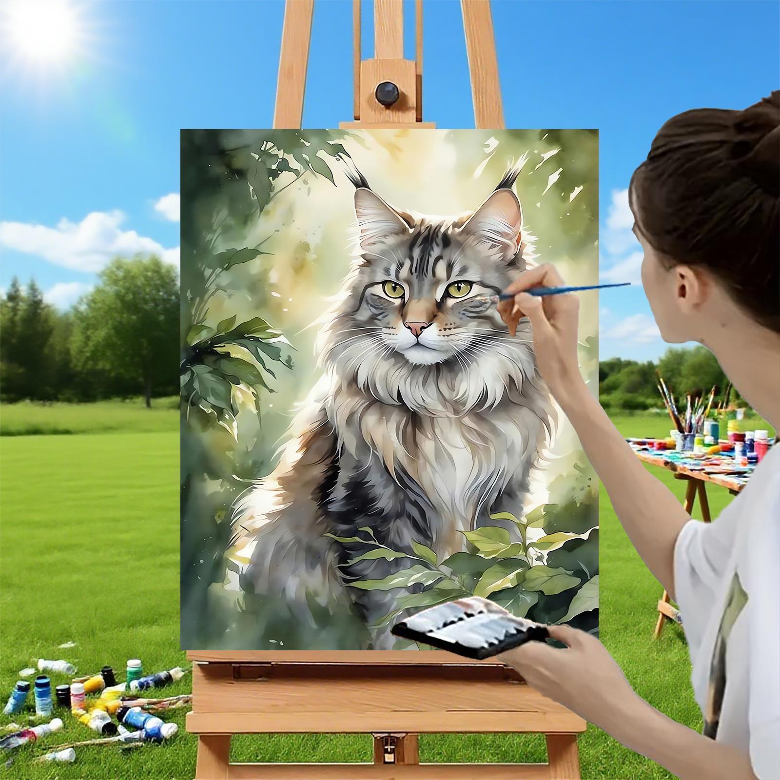 Image of [professional Art Use] 1pc Frameless Painting Kit, Maine Coon Cat In Forest Scene, Includes Canvas, Acrylic Paints, And Brushes, And Paint, Suitable For Wall Decoration Art, Ideal Gift