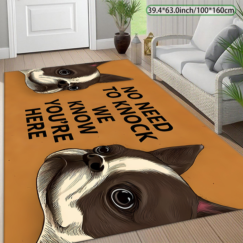 item picture 1 bulldog head doormat with   to knock   youre here slogan cartoon welcome mat 850g velvet with anti slip dotted plastic backing and double locked edges machine washable and non slip suitable for   entrance mats