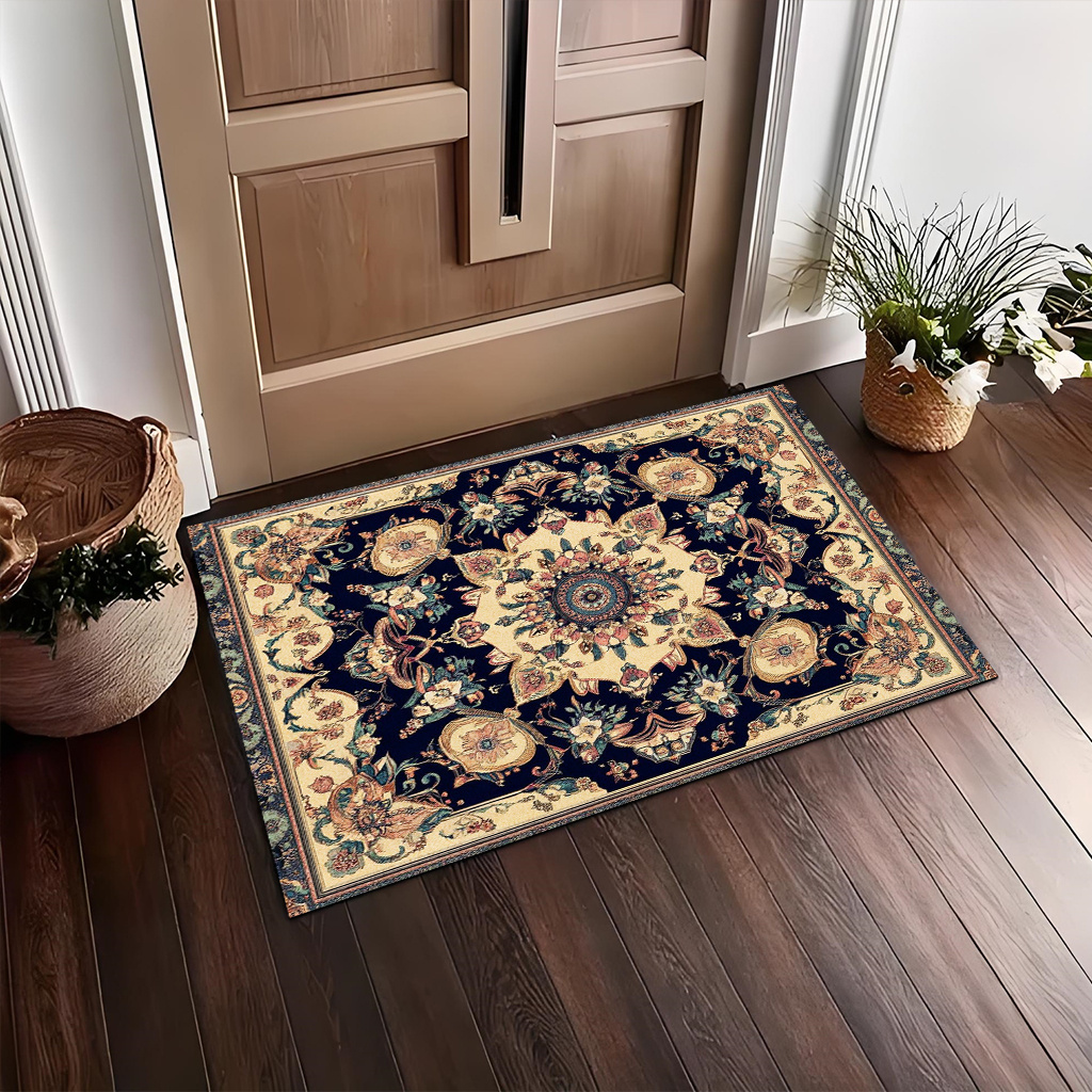 TEMU 1pc Vintage Floral Compatible For Home - Heavyweight Non-slip Machine-washable Suitable For Entryway,, Bedroom - Soft Flat-weave Decorative