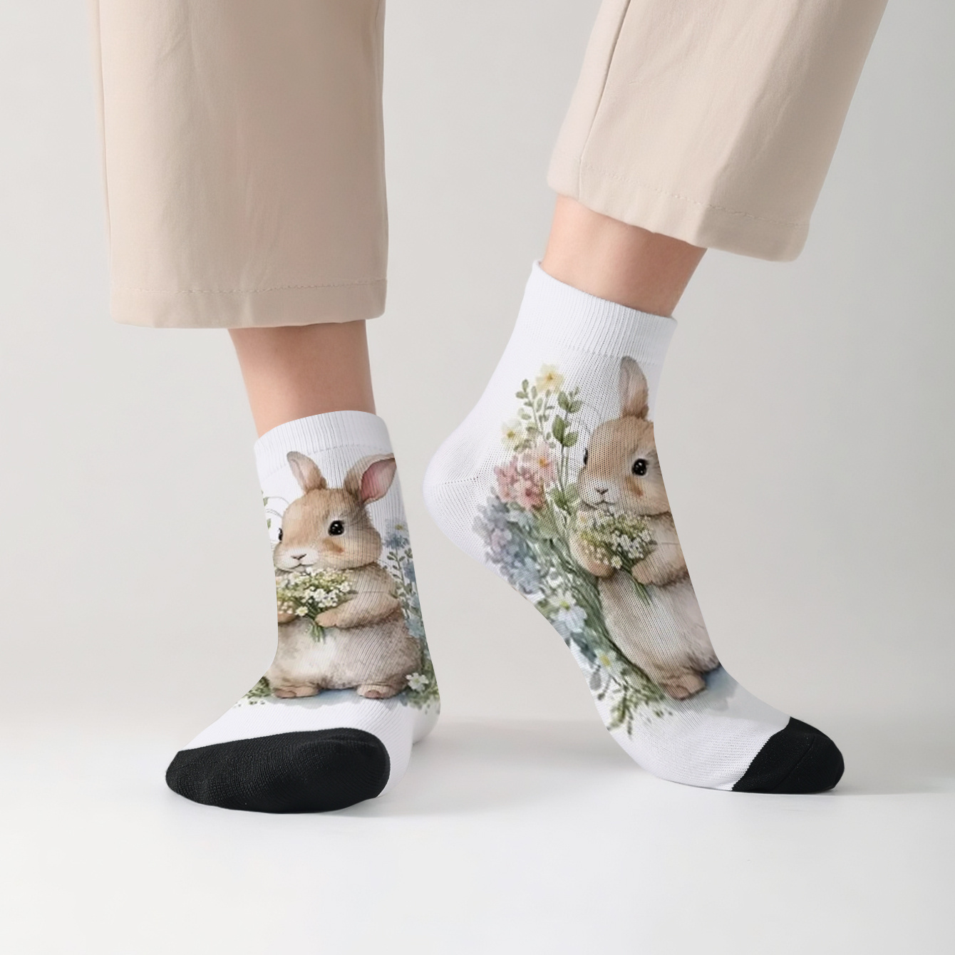 TEMU 1 Pair Printed Short Socks, Cute Rabbit Pattern Socks With Flower Hugging Standing For Men/children, Fashionable, And Interesting Short Socks,