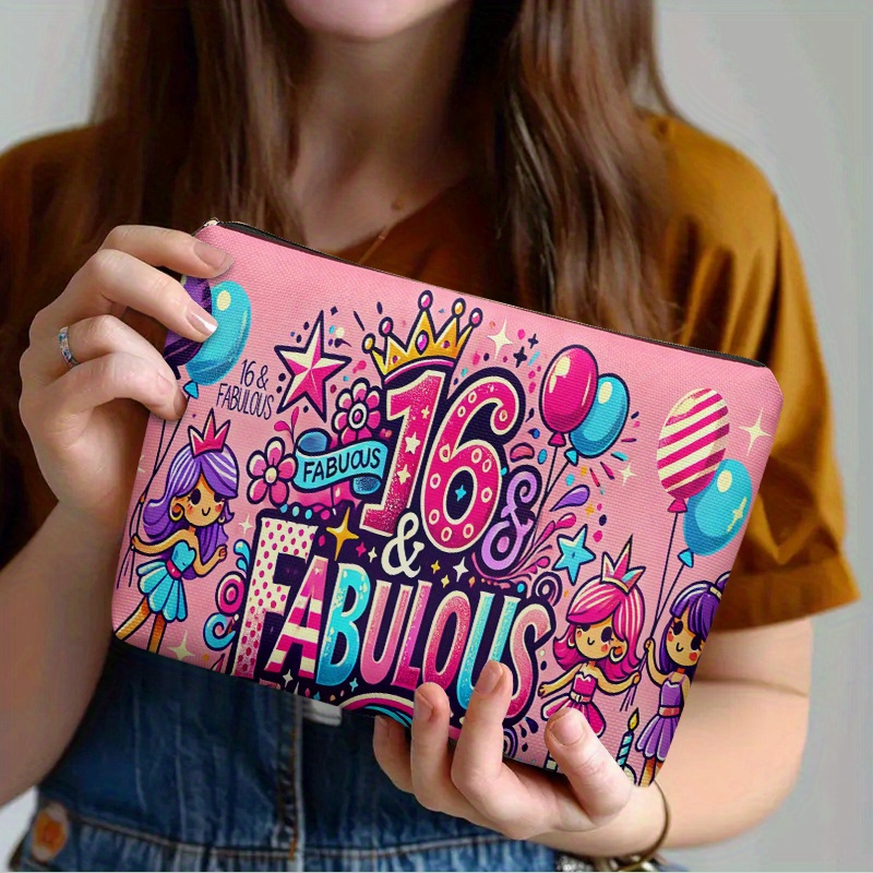 TEMU 1pc ' Sweet 16th Birthday Cosmetic Bag - Double-sided Birthday & Makeup Print, Durable Fabric Zipper Closure Toiletry Organizer, Pink & Golden