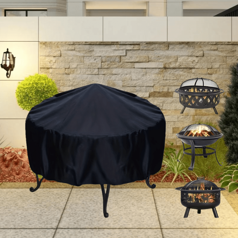 Image of 1pc Black Round Fire Pit Cover, Round For Brazier Stove Cover, Full Coverage Outdoor Fireplace Cover For Brazier, Outdoor Garden Furniture Cover