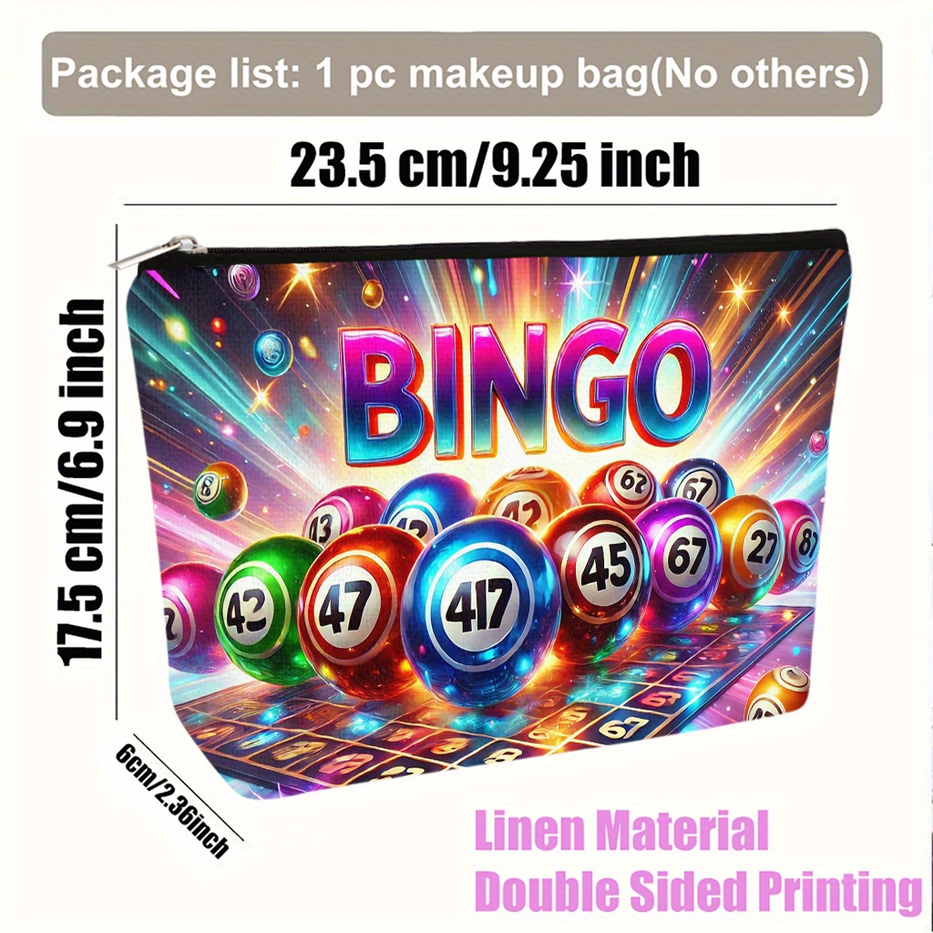 TEMU Cosmetic Bag 1pc, Bingo Balls Exciting Event Lightweight Foldable Makeup Bag, Travel Toiletry Pouch, Zipper Closure, Gift For Women, Best Friend