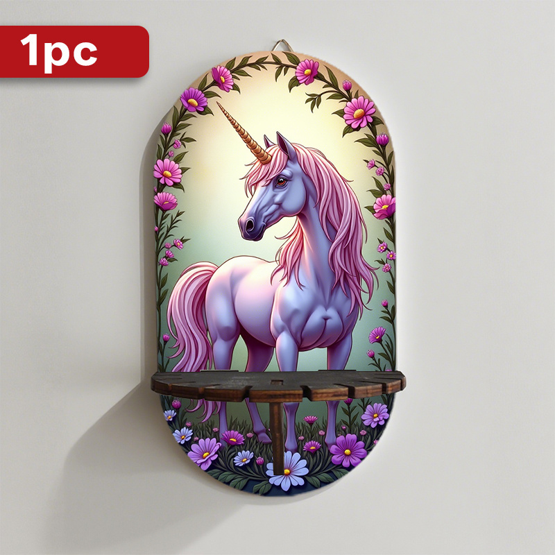 TEMU Bohemian Unicorn & Shelf - 2-in-1 Magical Storage Shelf With Pastel & Purple Unicorn Design, Artificial Wood Wall-mounted Display Rack For Home