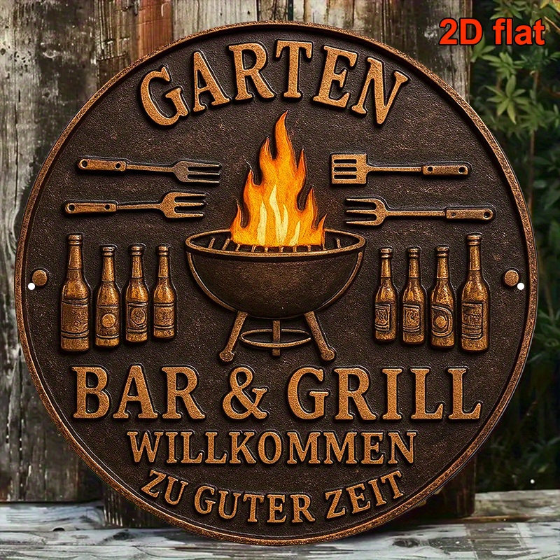2d Flat - 2d Design, A Vintage German Barbecue House Sign - 8x8 Inches (20x20 Cm) Heavy-duty Aluminum Metal Plaque Featuring The German Words "garten " - Black And Golden Retro Decor