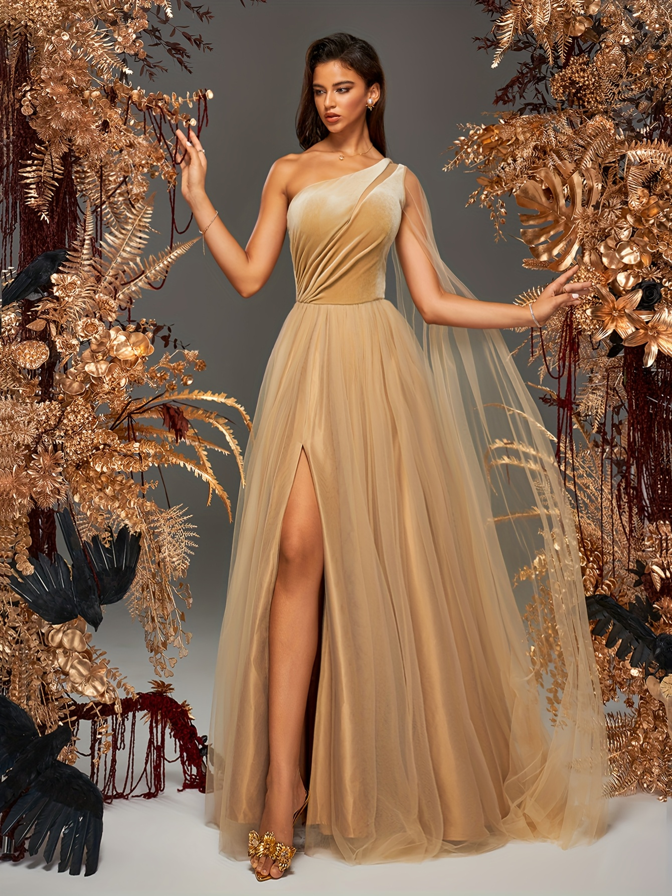 elegant shoulder mesh panel formal long a line dress a slit - Temu Mauritius
