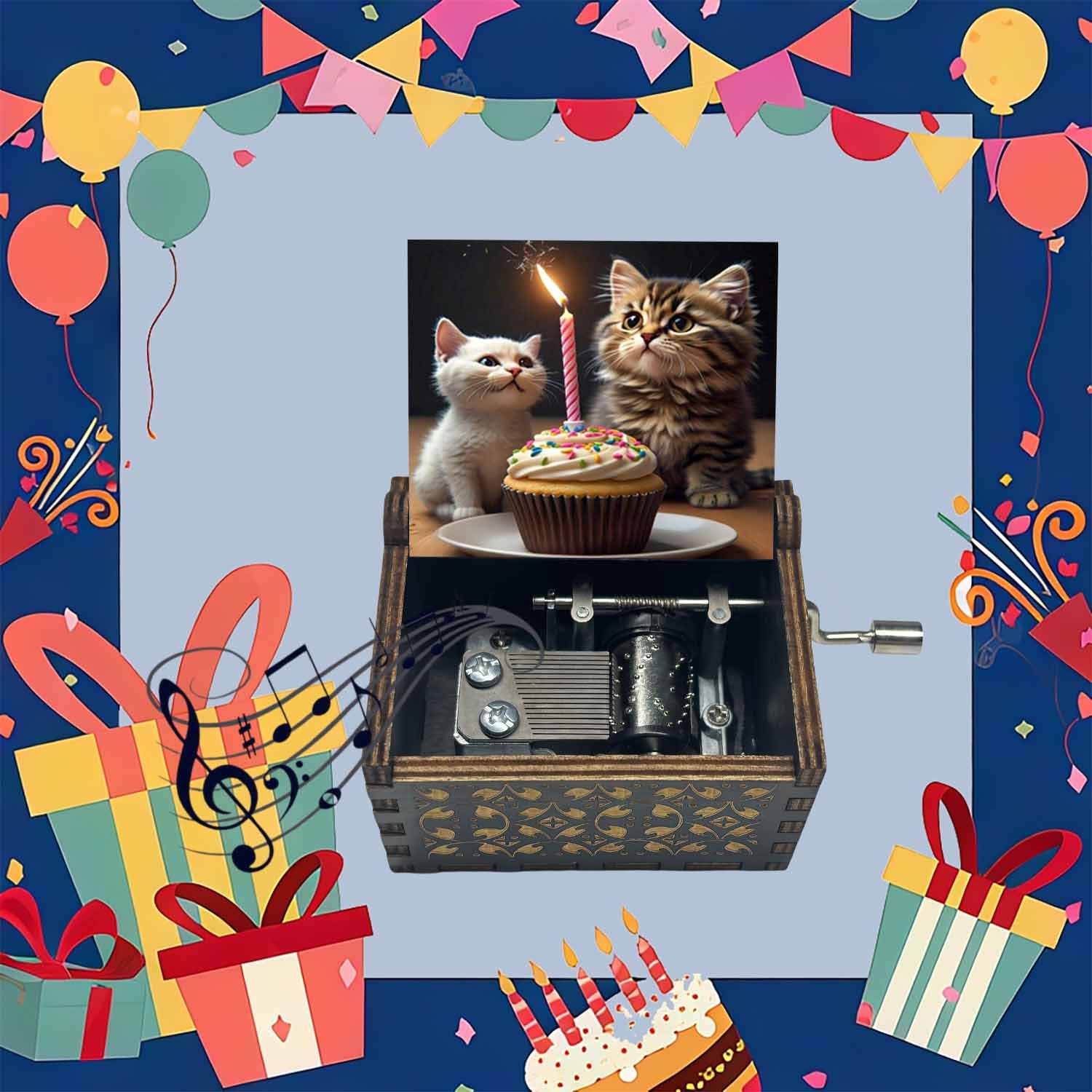 E-shop 1 Stück Holz-Handkurbel-Musikbox, "Happy Birthday" mit Kätzchen Kuchen-Muster, spielt "Happy Birthday"-Melodie, Geburtstagsgeschenk für Familie