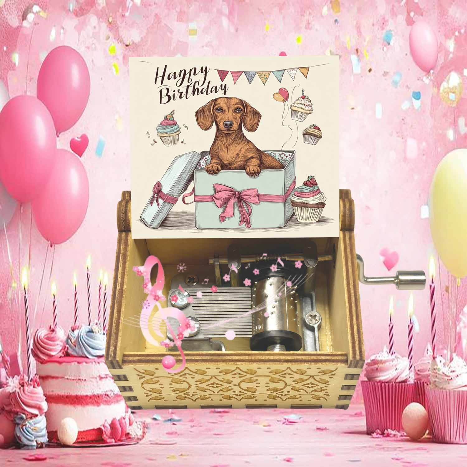 TEMU 1pc Retro Wooden Hand-cranked Music Box, Gift Box Contains Sausage Dog Wearing Birthday Hat And Cupcake Pattern, Plays Happy Birthday Song,