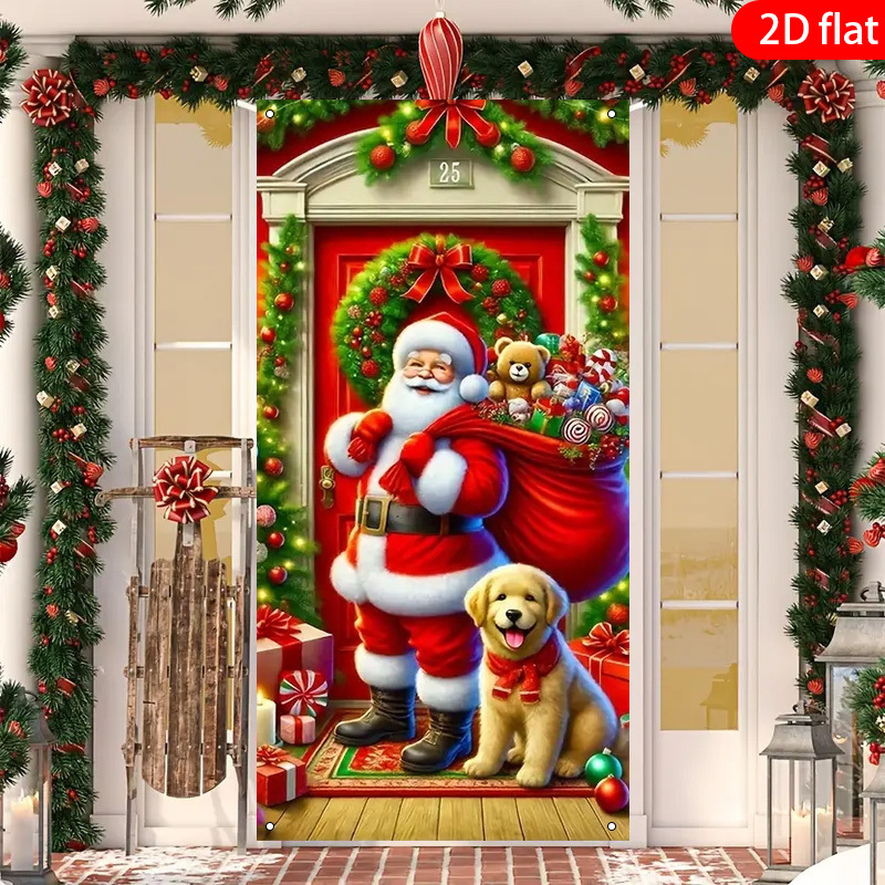 TEMU 2d Flat, 2d Flat Christmas Santa Claus And Puppy Themed Pattern Door Banner, Photography Backdrop, Home Decoration, Suitable For Living Room /