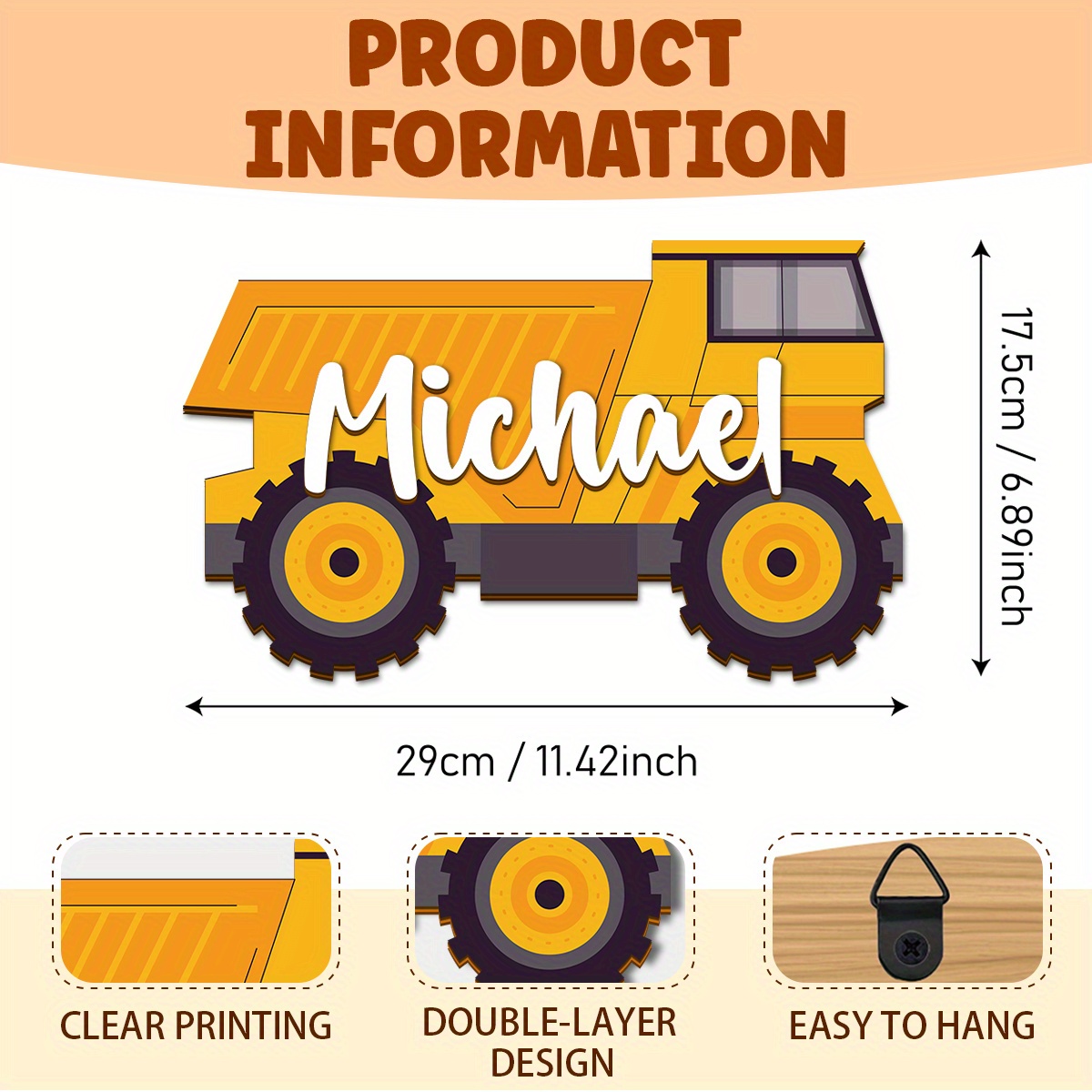 TEMU Personalized Dump Truck Wooden Nameplate Custom Name, Double Layer Design, Room Decor, Whimsical Bedroom Wall Art, Whimsical Design, Durable