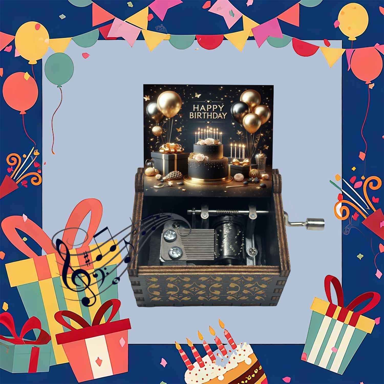TEMU 1 Retro Wooden Music Box With A Hand Crank, Featuring A Happy Birthday Design With Balloons And Candles, Plays Birthday Tune. A Perfect Gift For