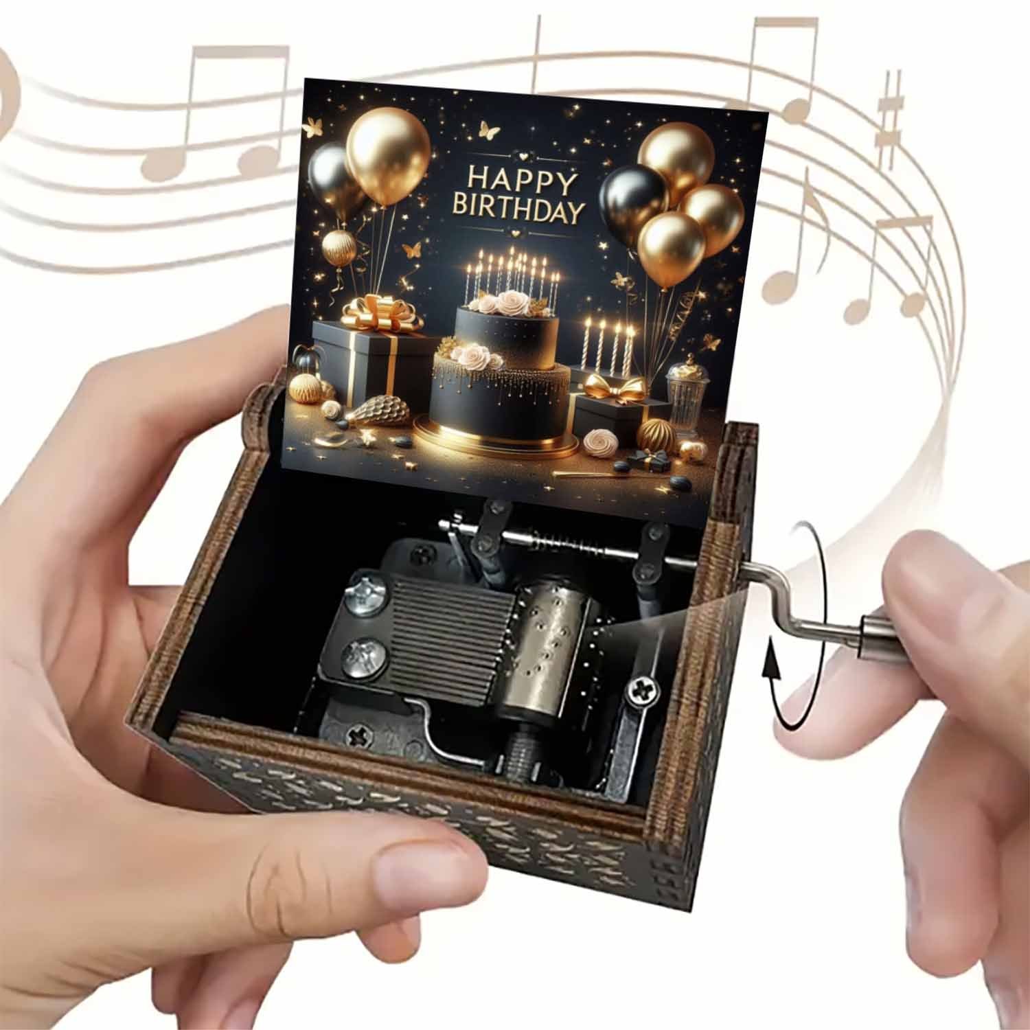 TEMU Happy Birthday Themed Hand-cranked Music Box, Black And Golden Birthday Cake Design, Suitable For Birthday Parties And Gifts, Ideal For , ,