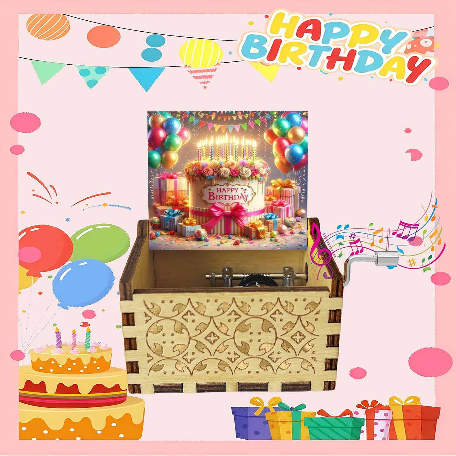E-shop Eine Retro-Musikbox aus Holz mit Handkurbel, mit einem fröhlichen Geburtstagsdesign mit bunten Ballons und Geschenken. Sie spielt das "Happy