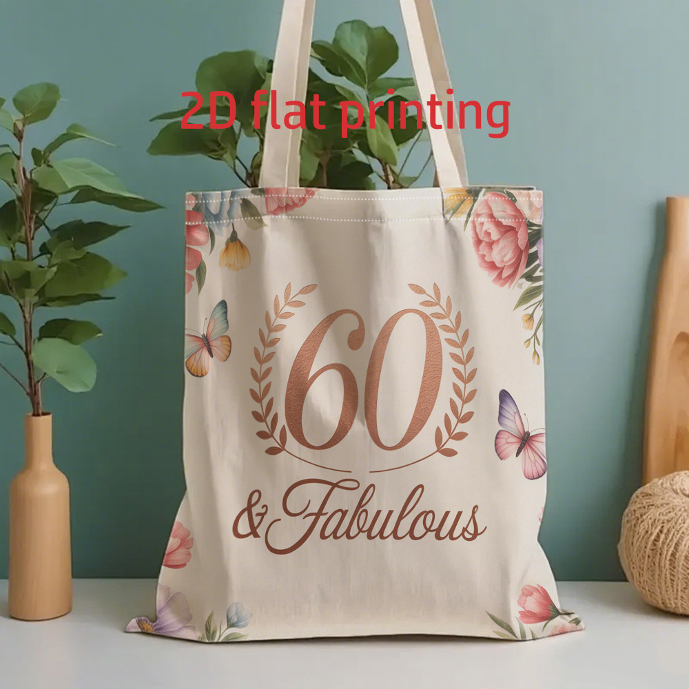 TEMU 1pc Double-sided Printing 2d Flat Printed Tote Bag - Floral Surround "60" Themed Pattern, Foldable, Ladies Reusable Grocery Shopping Bag, And