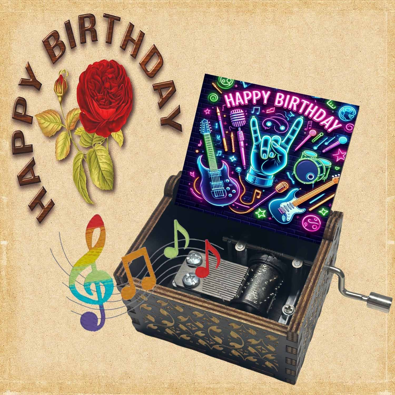TEMU Retro Wooden Box With A Hand Crank, Featuring A Design Of Electric Guitars And Plays Birthday Tune. A Perfect Gift For On Birthdays,