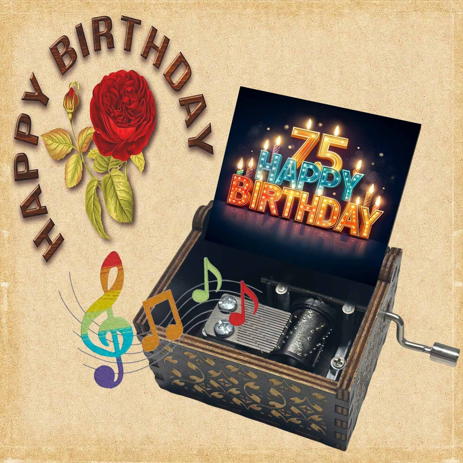 TEMU 1 Retro Wooden Music Box With A Hand Crank, Featuring A Design For A 75th Birthday, Plays Birthday Melody. A Perfect Gift For , Suitable For