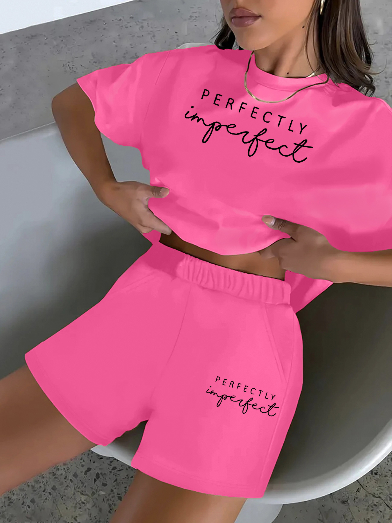 2  summer new womens set   text pattern casual printed round neck short sleeve top and t shirt elastic waist pocket shorts womens 2pcs set