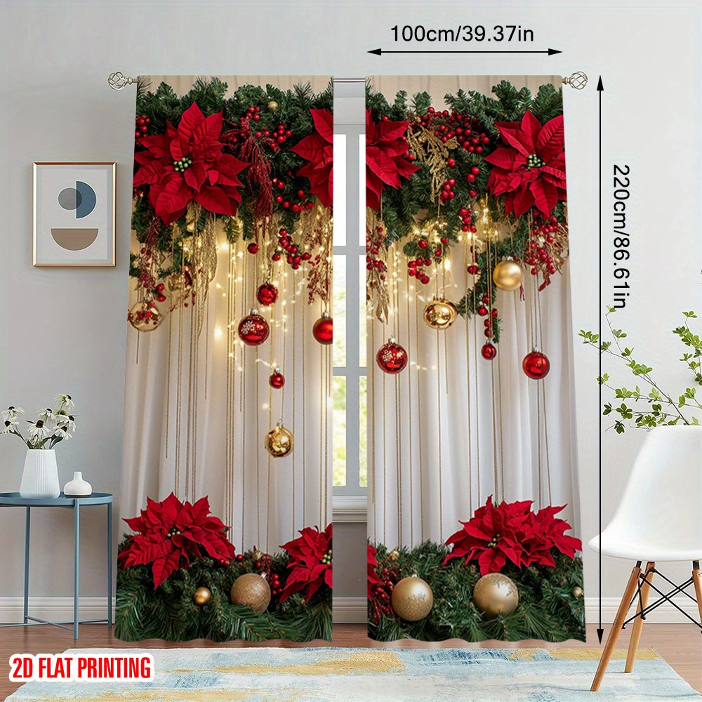 TEMU 2d Flat - 2d Flat - 2d Flat, Set Of 2 Christmas Garland Lights With Print, Designed For Rod Pocket Installation, Ideal For Dining Areas,