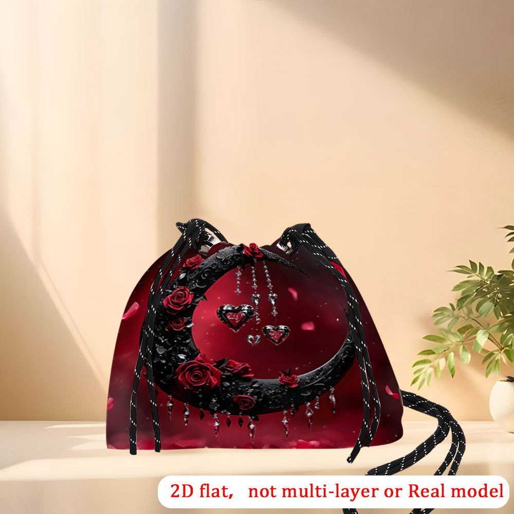 TEMU Un bolso cruzado con cordón 2D, y elegante, con un diseño gótico de luna de Halloween con rosas y estrellas, para el uso diario por parte de las