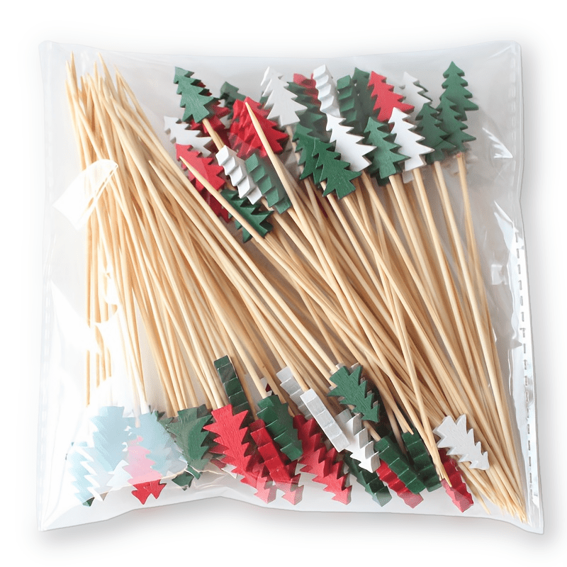 Image of 60pcs Of Christmas Tree Creative Modeling Labels, Multi-functional Bamboo Sticks, Appetizers, Food Labels, Fruit Skewers, Thanksgiving, Halloween, Easter, And Party Decorations.