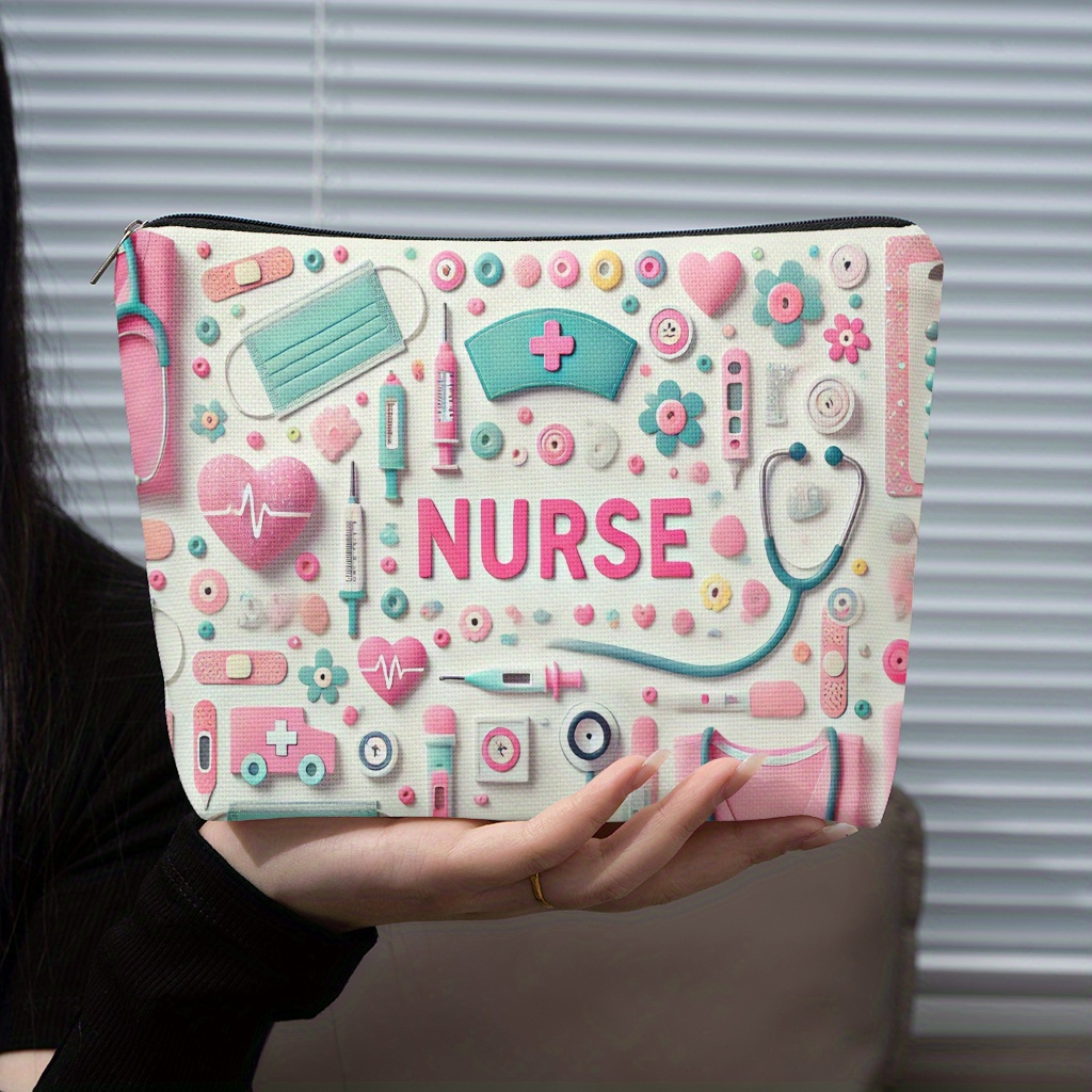 TEMU 1 Nurse Cosmetic Bag With Zip Closure - Pale Pink & Turquoise Themed Toiletry Case, Stethoscope Holder, Ecg & Pill Organizer - Lightweight Linen