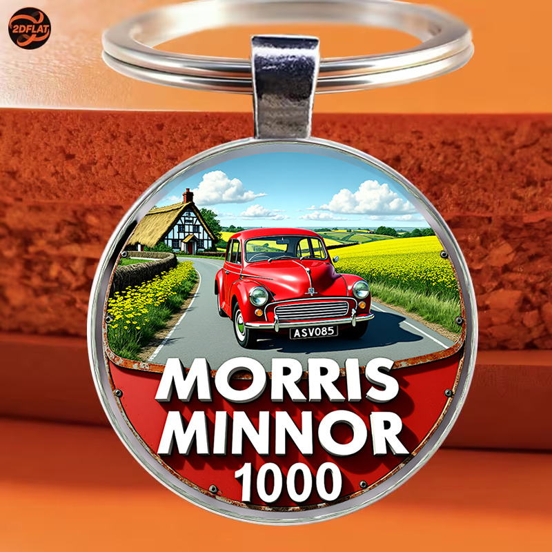 TEMU 1pc Round Keychain, Vintage 1000 Classic British Car Themed Keychain, Featuring A Body With Chrome Accents, Against A Backdrop Of A Country ,