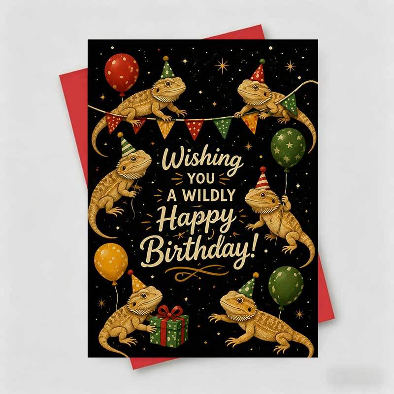 TEMU 1 Greeting Card And 1 Envelope Adorable Festive Birthday Greeting Card, Bearded Dragons With Hats " A Happy Birthday", Suitable For Reptile