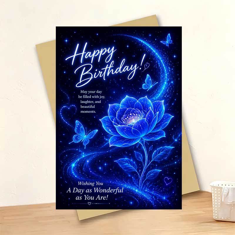 TEMU 1 Greeting Card + 1 Envelope Luminous Glowing Floral Birthday Greeting Card, Blue And With Text May Be Filled , Suitable For , Birthday