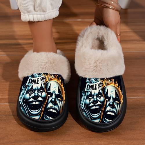 minigou pair of men women winter slippers suitable for couples thick soled with cartoon clown print patterns soft for home dorm office machine washable thick platform footwear women shoes