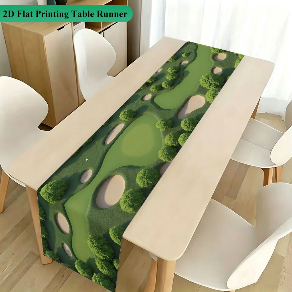 TEMU 1pc 2d Runner, Golf Course Lawn Scenery Polyester Rectangular Table Runner, Suitable For Birthday Parties, Wedding Table Decor, Dining Table
